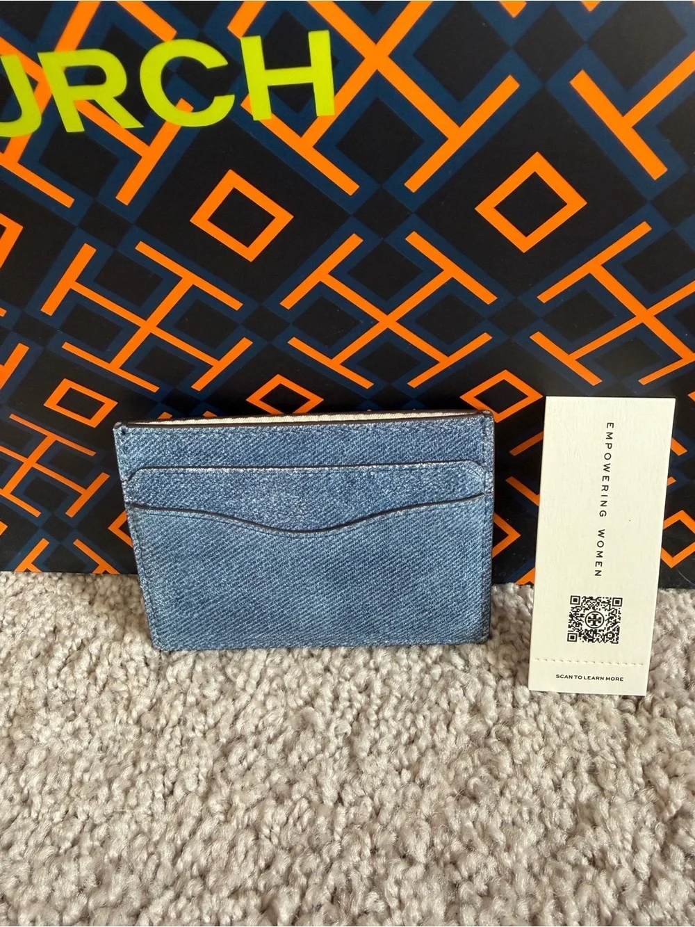 Tory Burch Emerson Denim Suede Slim Card Case Dark Denim Blue Soft